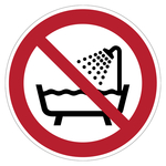 Verbotszeichen "Verbot dieses Gerät in der Badewanne, Dusche oder über mit Wasser gefülltem Waschbecken zu benutzen" DIN EN ISO 7010 P026 
