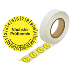 Prüfplaketten gelb Ø 30 mm "Nächster Prüftermin" 2025 - 2030 aus PVC-Folie 1000 Stück/Rolle