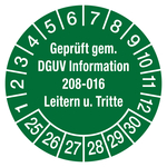 Prüfplaketten Ø 30 mm "Geprüft gem. DGUV Information 208-016 Leitern u. Tritte, Nächster Prüftermin" 2025 aus PVC-Folie 10 Stück/Bogen