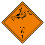 Gefahrzettel, Gefahrgutaufkleber Klasse 1.1 B Explosive Stoffe mit durchgehender Kontrastlinie in verschiedenen Größen und Materialien