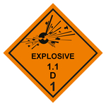 Gefahrzettel, Gefahrgutaufkleber Klasse 1.1 D Explosive Stoffe mit Zusatztext EXPLOSIVE, Folie, 100 x 100 mm, Einzeletikett