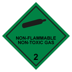 Gefahrzettel, Gefahrgutaufkleber Klasse 2.2 Nicht entzündbare, nicht giftige Gase mit Zusatztext NON-FLAMMABLE NON-TOXIC GAS, Gasflasche Schwarz, Folie, 100 x 100 mm, Einzeletikett