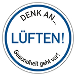 Hinweisschild "Denk an Lüften! Gesundheit geht vor!", Folie, Ø 100 mm, Einzeletikett