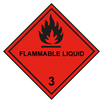 Gefahrzettel, Gefahrgutaufkleber Klasse 3 Entzündbare, flüssige Stoffe mit Zusatztext FLAMMABLE LIQUID, Flamme Schwarz mit durchgehender Kontrastlinie, Folie, 100 x 100 mm, 500 Stück/Rolle