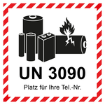 Aufkleber Lithium Batterie mit UN-Nummer UN 3090 und Eindruck Telefonnummer, Folie, 100 x 100 mm, 500 Stück/Rolle