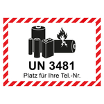 Aufkleber Lithium Batterie mit UN-Nummer UN 3481 und Eindruck Telefonnummer, Folie, 100 x 70 mm, Einzeletikett