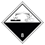 Gefahrzettel, Gefahrgutaufkleber Klasse 8 Ätzende Stoffe, mit gestrichelter Kontrastlinie in verschiedenen Größen und Materialien