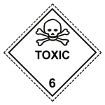 Gefahrzettel, Gefahrgutaufkleber Klasse 6.1 Giftige Stoffe mit Zusatztext TOXIC, mit gestrichelter Kontrastlinie, Folie, 100 x 100 mm, Einzeletikett