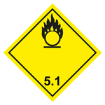 Gefahrzettel, Gefahrgutaufkleber Klasse 5.1 Entzündend (oxidierend) wirkende Stoffe, Flamme über einem Kreis Schwarz, Folie, 100 x 100 mm, Einzeletikett