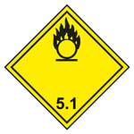 Gefahrzettel, Gefahrgutaufkleber Klasse 5.1 Entzündend (oxidierend) wirkende Stoffe, Flamme über einem Kreis Schwarz, mit durchgehender Kontrastlinie, Folie, 100 x 100 mm, 500 Stück/Rolle