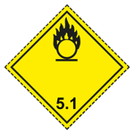Gefahrzettel, Gefahrgutaufkleber Klasse 5.1 Entzündend (oxidierend) wirkende Stoffe, Flamme über einem Kreis Schwarz, mit gestrichelter Kontrastlinie in verschiedenen Größen und Materialien
