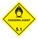 Gefahrzettel, Gefahrgutaufkleber Klasse 5.1 Entzündend (oxidierend) wirkende Stoffe, Flamme über einem Kreis Schwarz mit Zusatztext OXIDIZING AGENT, Haftpapier, 100 x 100 mm, 100 Stück/Rolle