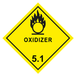 Gefahrzettel, Gefahrgutaufkleber Klasse 5.1 Entzündend (oxidierend) wirkende Stoffe, Flamme über einem Kreis Schwarz mit Zusatztext OXIDIZER, Folie, 20 x 20 mm, 20 Stück/Bogen
