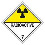 Gefahrzettel, Gefahrgutaufkleber Klasse 7D Radioaktive Stoffe, Strahlensymbol Schwarz mit Zusatztext RADIOACTIVE, Folie, 50 x 50 mm, 100 Stück/Rolle