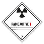 Gefahrzettel, Gefahrgutaufkleber Klasse 7A Radioaktive Stoffe, Strahlensymbol Schwarz mit Zusatztext RADIOACTIVE I, mit durchgehender Kontrastlinie, Folie, 100 x 100 mm, Einzeletikett