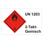 Gefahrzettel, Kombi-Aufkleber, Gefahrgutaufkleber Klasse 3 Entzündbare, flüssige Stoffe, UN 1203, 2-Takt-Gemisch, Folie, 120 x 80 mm, 100 Stück/Rolle