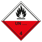 Gefahrzettel, Gefahrgutaufkleber Klasse 4.2 Selbstentzündliche Stoffe mit Eindruck UN-Nummer, Flamme Schwarz, mit gestrichelter Kontrastlinie in verschiedenen Größen und Materialien