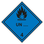 Gefahrzettel, Gefahrgutaufkleber Klasse 4.3 Stoffe, die mit Wasser entzündliche Gase bilden mit Eindruck UN-Nummer, Flamme Schwarz, mit durchgehender Kontrastlinie in verschiedenen Größen und Materialien