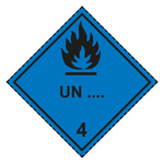 Gefahrzettel, Gefahrgutaufkleber Klasse 4.3 Stoffe, die mit Wasser entzündliche Gase bilden mit Eindruck UN-Nummer, Flamme Schwarz, mit gestrichelter Kontrastlinie in verschiedenen Größen und Materialien
