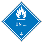 Gefahrzettel, Gefahrgutaufkleber Klasse 4.3 Stoffe, die mit Wasser entzündliche Gase bilden mit Eindruck UN-Nummer, Flamme Weiß, mit durchgehender Kontrastlinie in verschiedenen Größen und Materialien