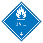 Gefahrzettel, Gefahrgutaufkleber Klasse 4.3 Stoffe, die mit Wasser entzündliche Gase bilden mit Eindruck UN-Nummer, Flamme Weiß, mit gestrichelter Kontrastlinie in verschiedenen Größen und Materialien