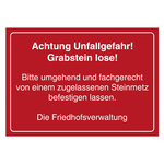 Grabstein Aufkleber "Unfallgefahr, Grabstein lose, befestigen lassen" Folie rot 105 x 74 mm 500 Stück/Rolle