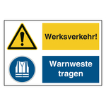Hinweisaufkleber Ladezone "Werksverkehr! / Warnweste tragen" mit Symbolen nach ASR A1.3, DIN EN ISO 7010 