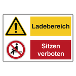 Hinweisaufkleber Ladezone "Ladebereich / Sitzen verboten" mit Symbolen nach ASR A1.3, DIN EN ISO 7010 
