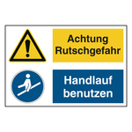 Hinweisaufkleber Ladezone "Achtung Rutschgefahr / Handlauf benutzen" mit Symbolen nach ASR A1.3, DIN EN ISO 7010 Folie mit Schutzfolie weiß 300 x 200 mm Einzeletikett