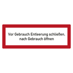 Feuerwehrzeichen Vor Gebrauch Entleerung schließen, nach Gebrauch öffnen DIN 4066